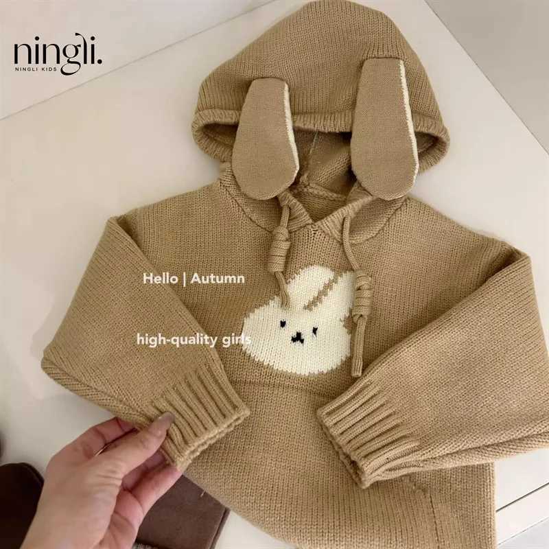Autumn Childrens Girls Sweater Cotton Knitted Hoodie Rabbit Jacquard Elastic Childrens Girls Hoodie Childrens Knitted W241205
