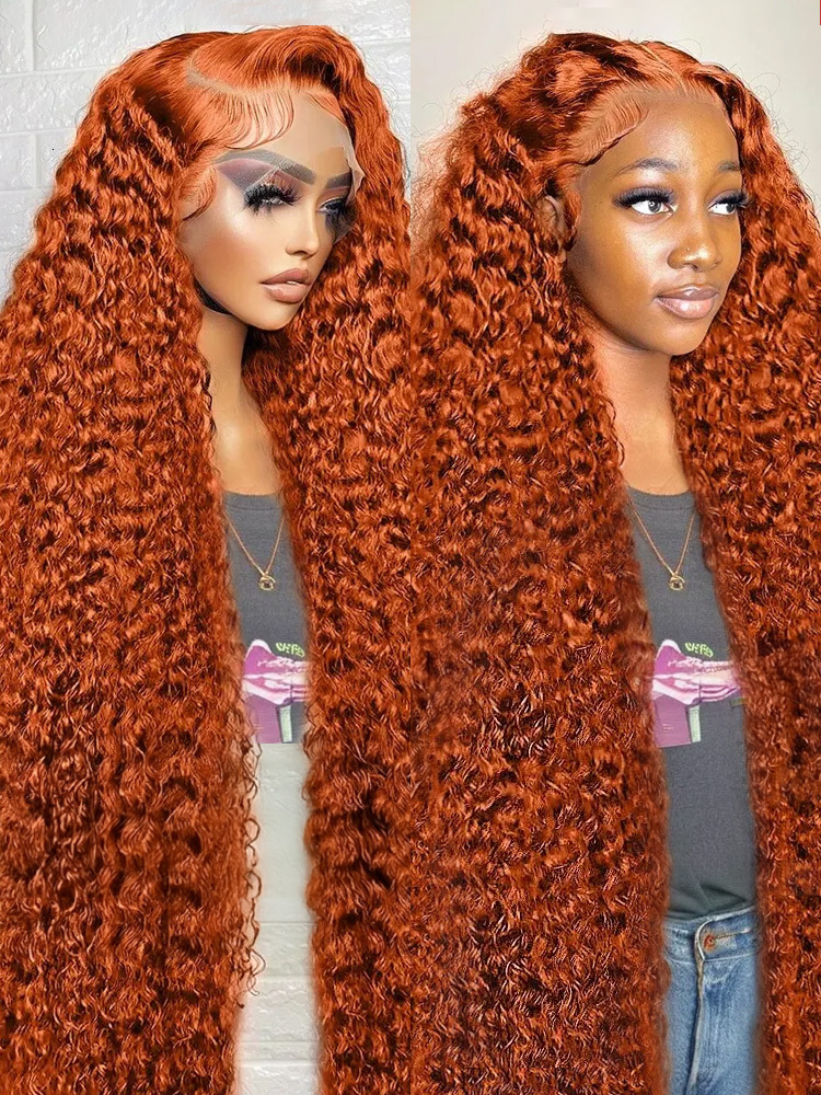 200 Density 350 Ginger Deep 30 32 40 Inch 13X4 Front Wig Orange Curly 13X6 Human Hair Lace Frontal Wigs Water Wave HD