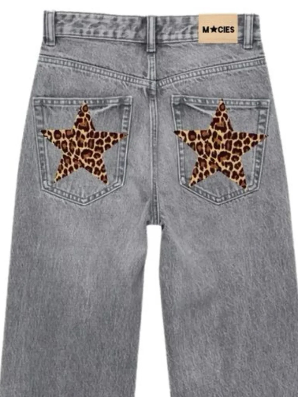 Y2K Jeans Womens Harajuku Retro Leopard Print Star Graphic Patch Trousers Gothic Slim High Waist Straight Light Blue Pants 241204