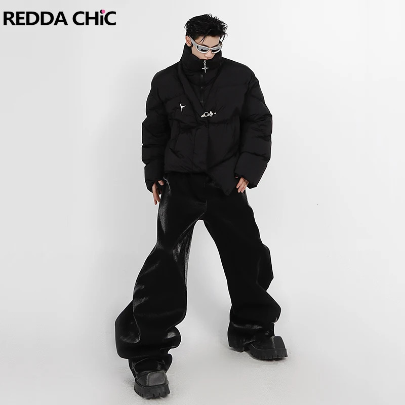 ReddaChic Star Pin Asymmetric Down Jacket Mens Black Cut Quilted Coat Turtle Neck Thick Warm Puff Y2k Grunge Street Wear 241202