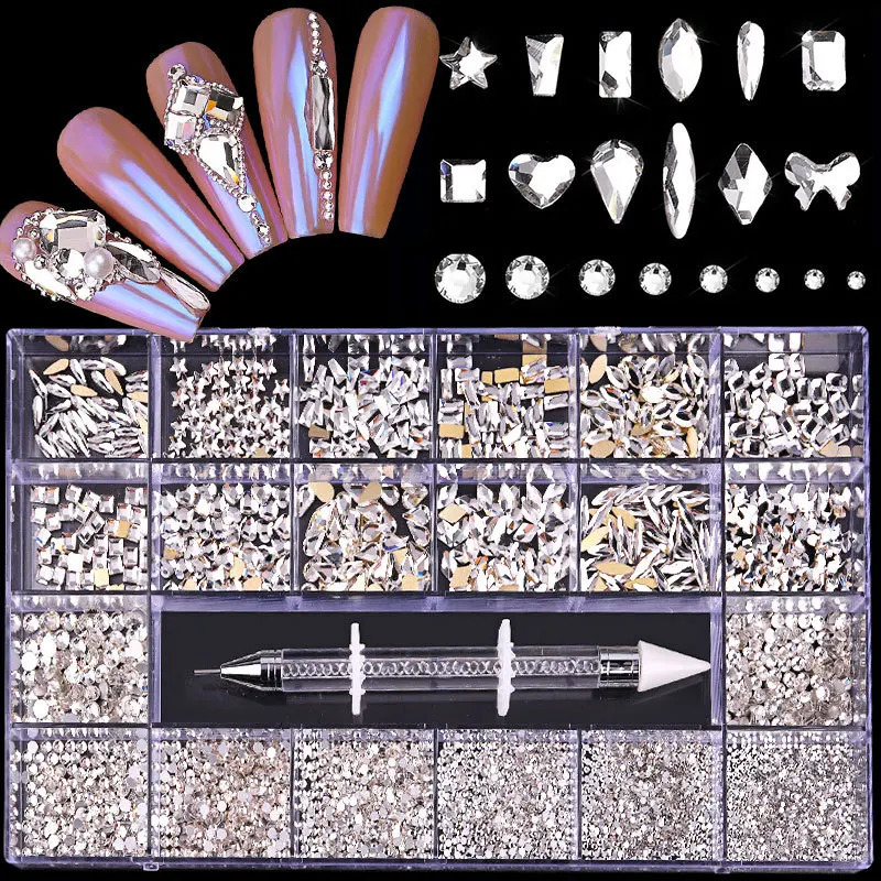 2500pcs Glass Crystal Diamond Flat Rhinestone Nail Art Decoration 21 Grid Box Nail Accessories Set Comes with 1 Pick up Pen 241205