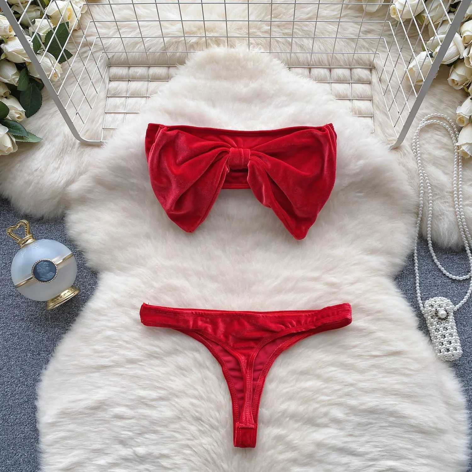 Christmas Erotic Lingerie Suits Ladies Strapless Bodycon Short Sleepwear Fashion Velvet Bow Sensual Underwear SetsXJ241205