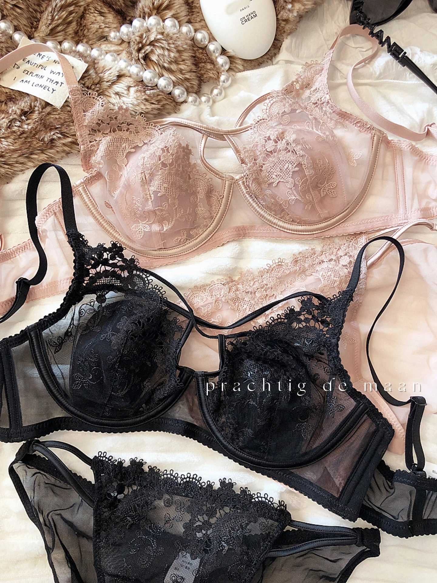 Sexy Hollow Women Underwear Lace Floral Embroidery French Ultra Thin Cup Push Up Bra Set Adjustable Strap Brassiere Panties SetsXJ241205