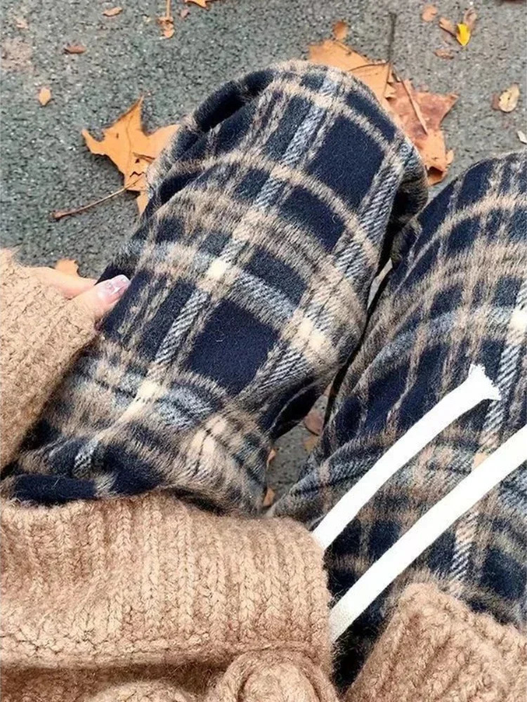 HOUZHOU Vintage Plaid Pants Women Wide Leg Harajuku Korean Style Red Checked Trousers Y2k Streetwear Classic Pants Warm Winter 241204