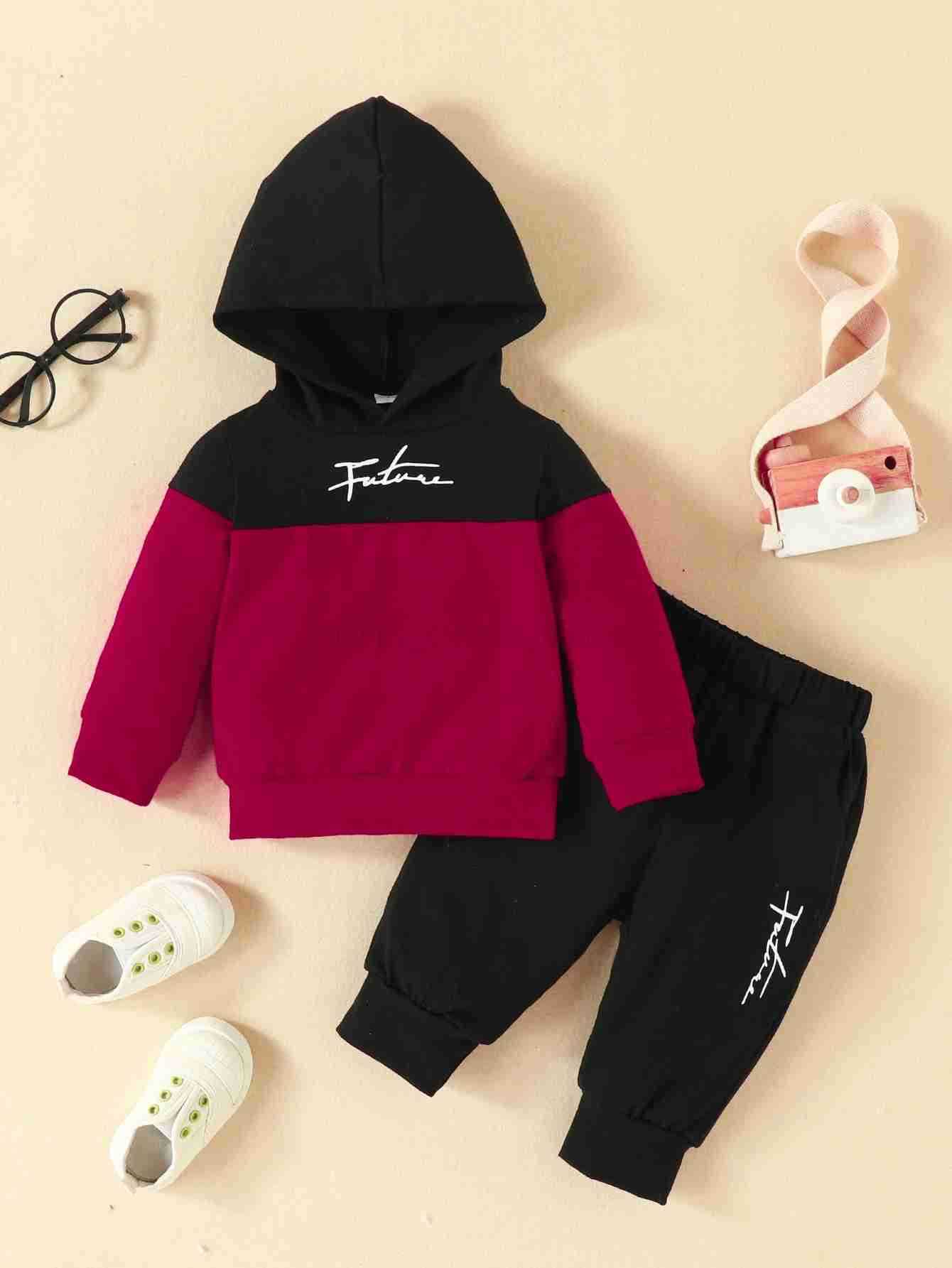 2pcs Baby Boys Casual Set With FUTURE Letter Print Trendy Color Block Hooded Sweatshirt Sweatpants Set For WinterXJ241205