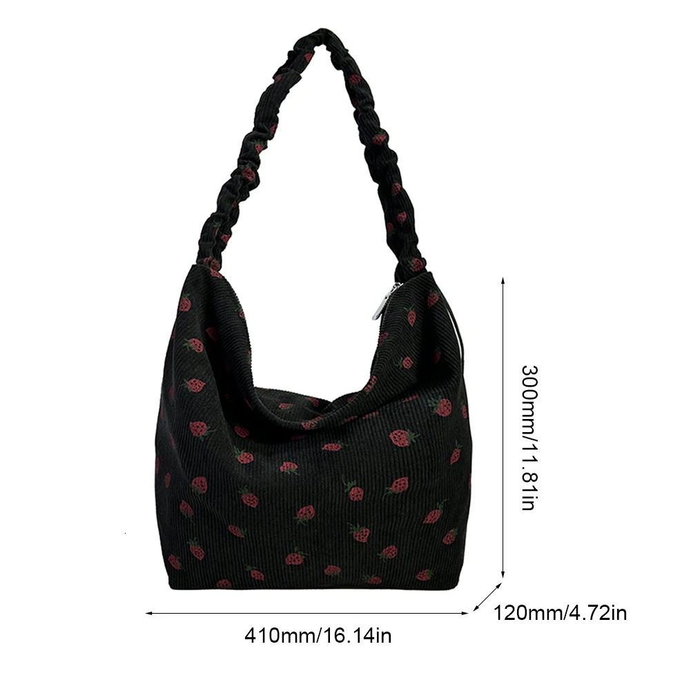 Strawberry Printed Shoulder Bag Women Cute Pleated Corduroy Cross Body Messenger Large Capacity Female Travel Casual 241204