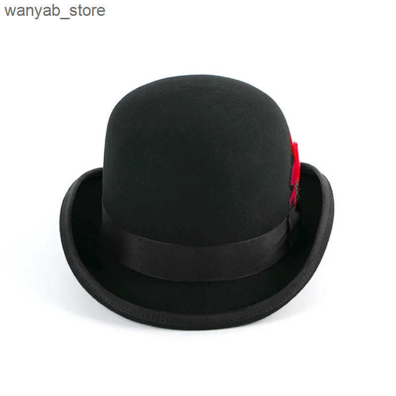 Cloches Black Bowling Hat Billycock Bob Hat Bombin Hard Felt Round Crown Wool Fedora Charlie Chaplin Laurel Hardy John Steed Derby L240910