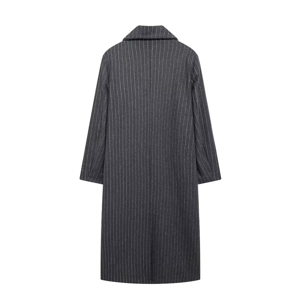 Autumn 2024 womens fashion leisure slim and versatile lapel pocket striped woolen long coat coat. 241204