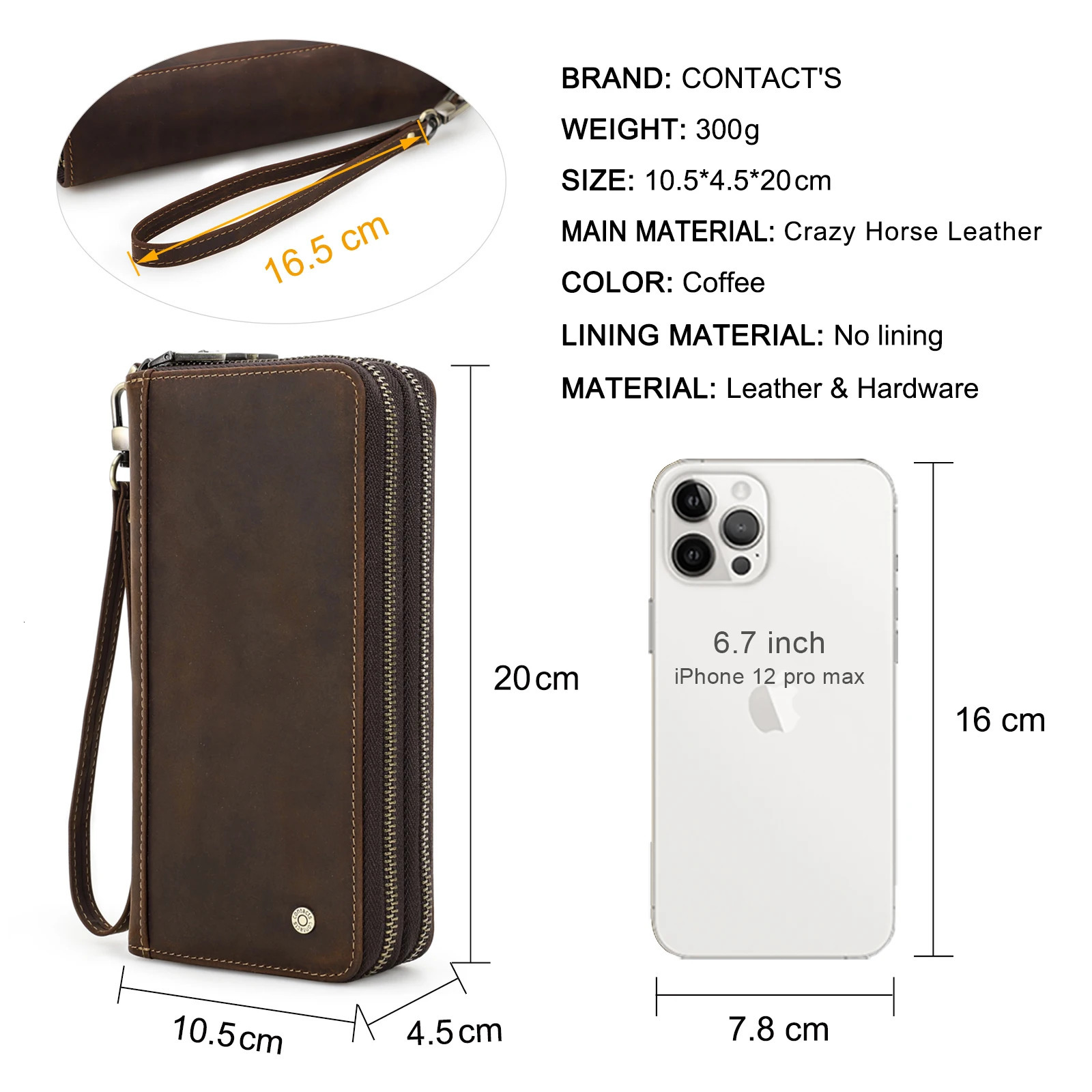 ContactS Genuine Leather Mens Wallet Clutch Bag Card Holder Long Wallets Double Zipper Large Capacity Vintage Male Purses 241204