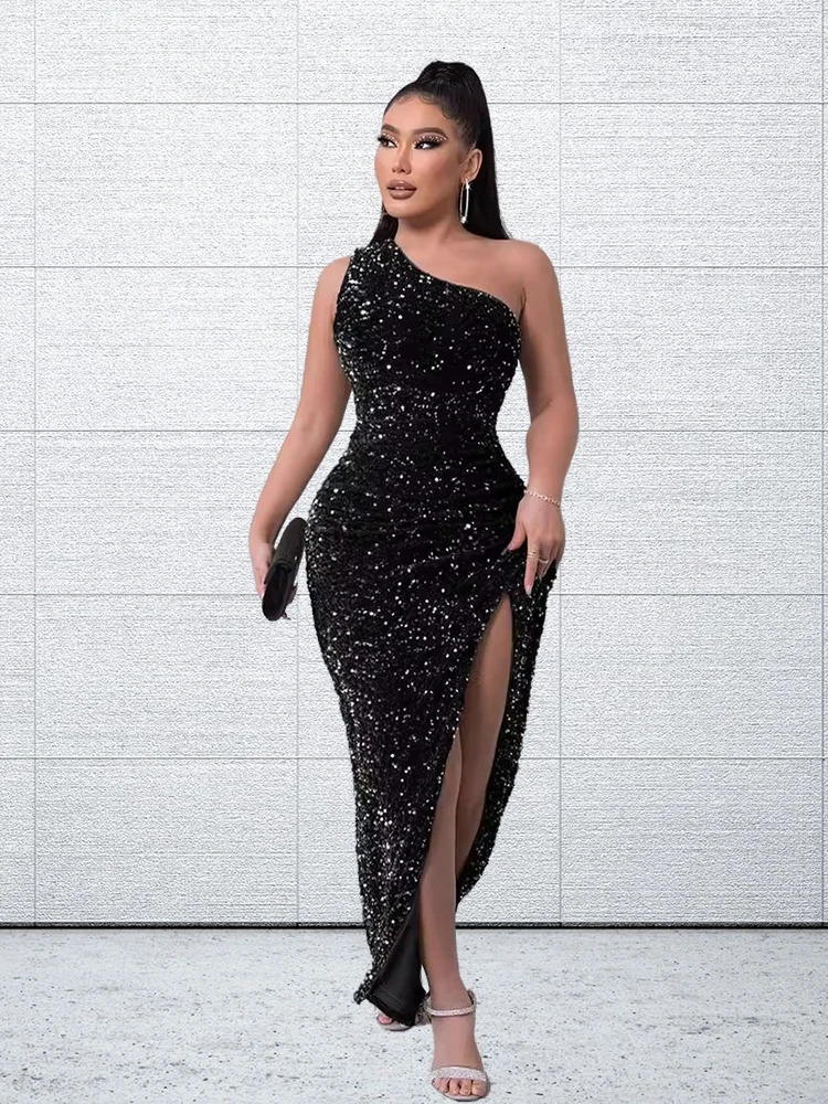 Vaintage One Shoulder Dress Bodycon High Split Sequin Frock Formal Party Outfits Sleeveless Gown Dresses Elegant Female Clothing 241205