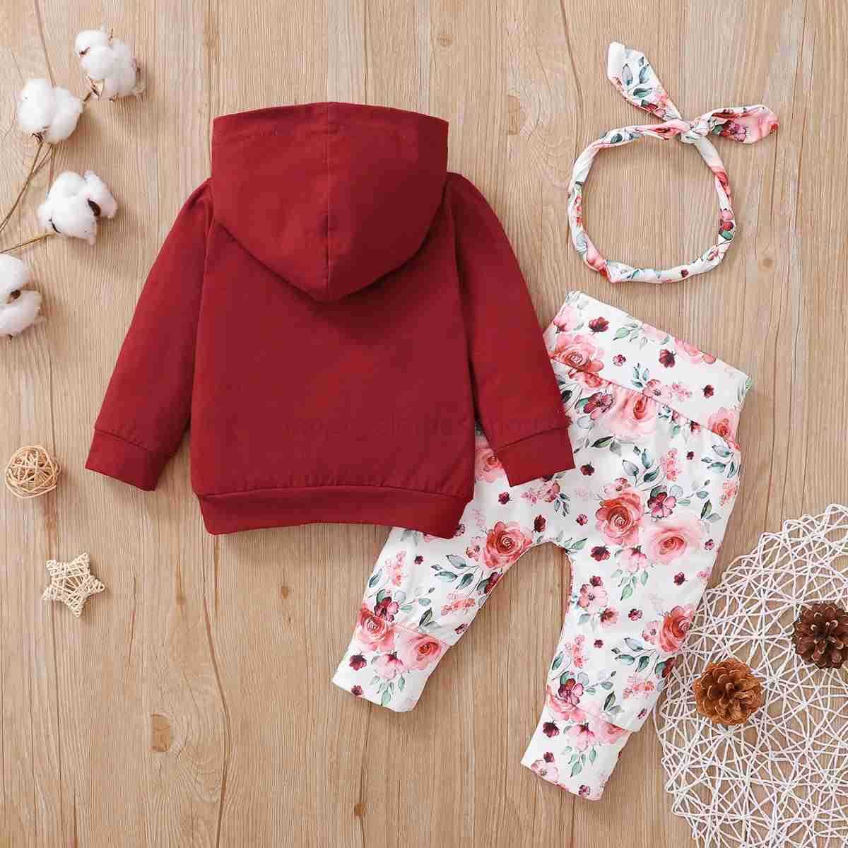 2PC Female baby Hooded Flower Long Sleeved Top+Printed Pants+Bow Headband 0-18 Months Baby Girl Autumn Sports and Leisure SetXJ241205