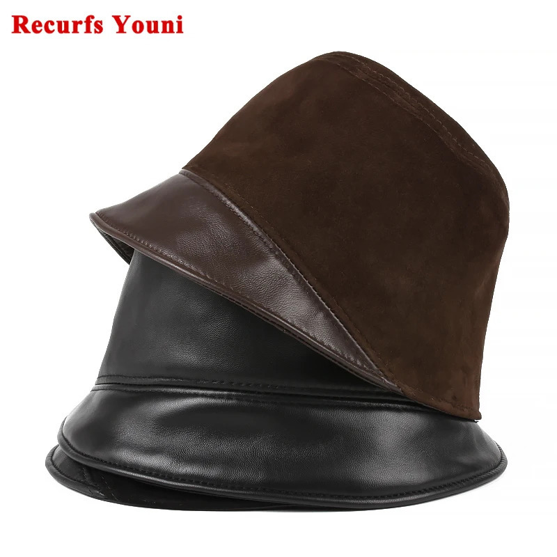 Japanese Harajuku Basin Hat Womens Genuine Leather Suede Splicing Fishermans Hat Fashion Winter Street Clothing Unique Hat 241205