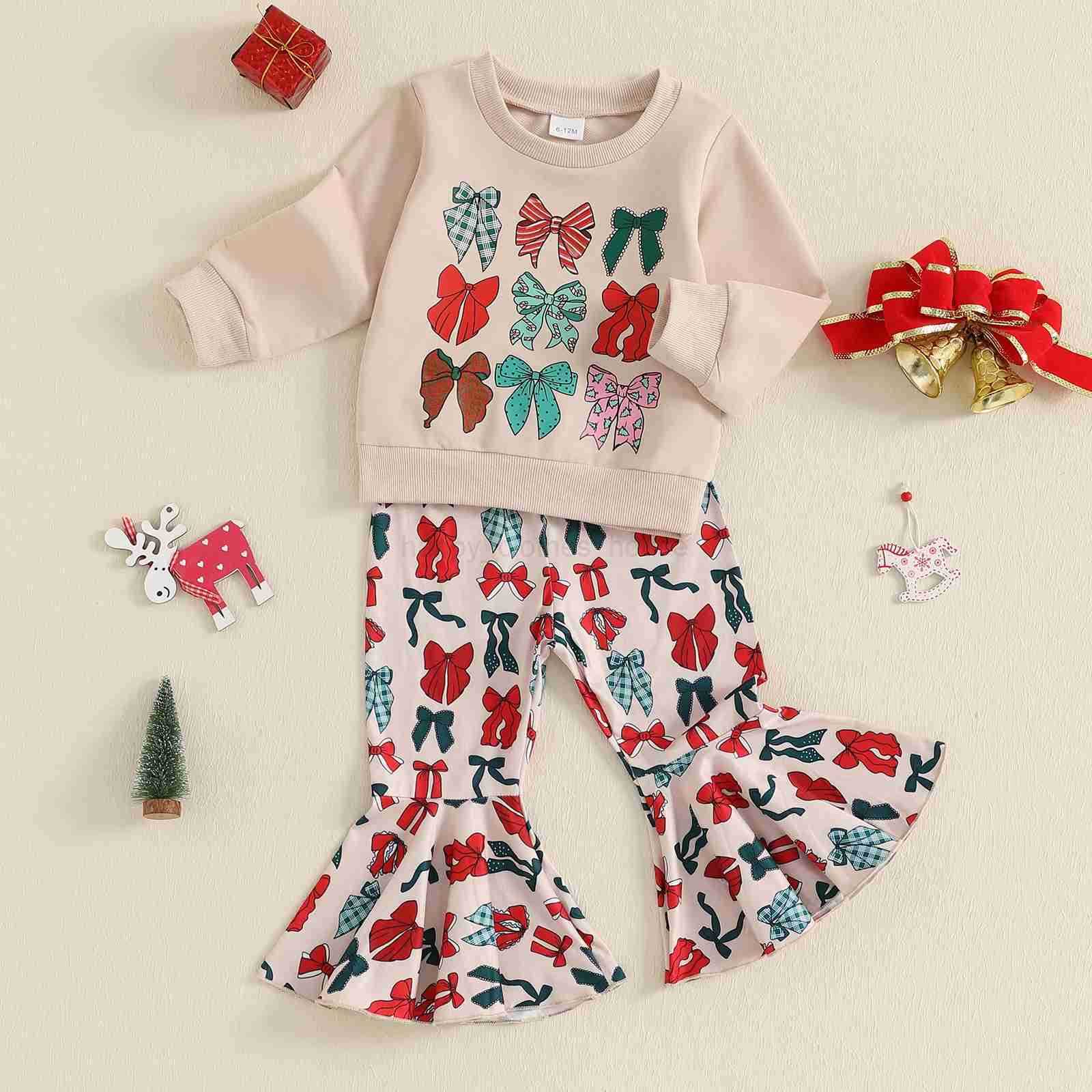 1-4Years Kids Baby Girl Christmas Outfits Fashion Autumn Bow Print Long Sleeve Sweatshirt with Flare Pants 2Pieces Toddlers SetsXJ241205