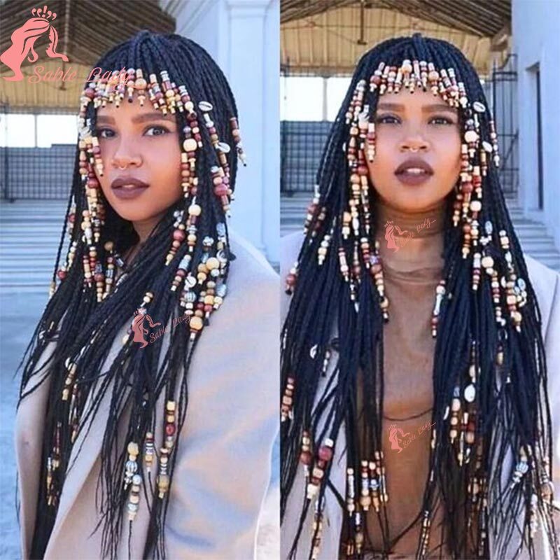 Synthetic Full Box Braided With Bangs For Black Women Lace Front Twisted Knotless Crochet Cornrow Braid Wig