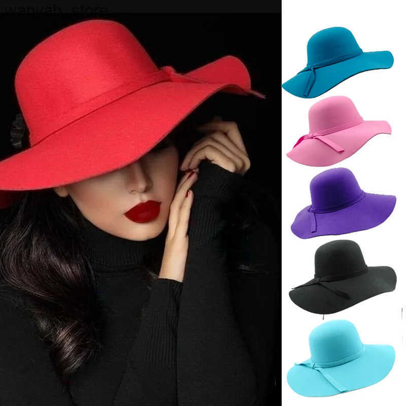 Cloches 2023 Autumn Winter Retro Soft Hat Womens Elegant Felt Soft Hat Wide Brown Sun Hat British Style Fedoras Felt Soft Hat L240910