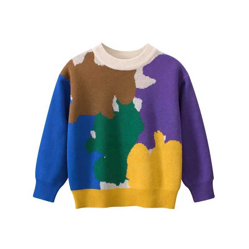 2024 Winter New Childrens Knitted Sweater Warm Boys Parachute Top Casual Long Sleeve O-Collar Pullover Splicing Work Childrens Clothing W241205