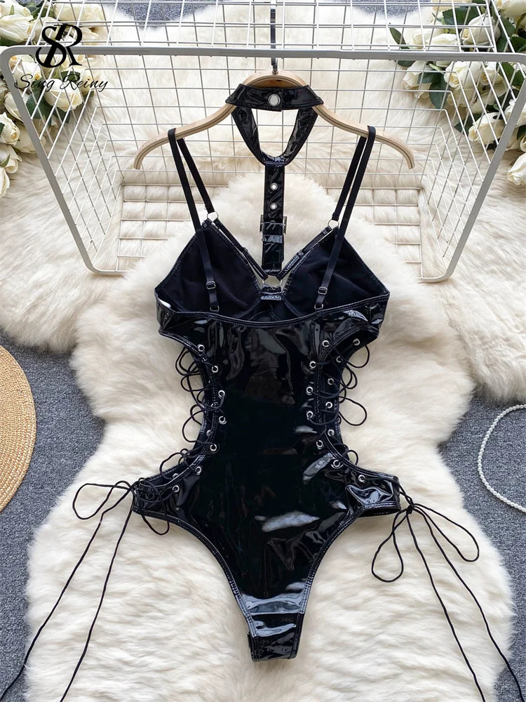 SINGREINY PU Leather Sensual Halter Camis Rompers Drawstring Lace-Up Slim Playsuits Female Open Crotch Erotic Lingerie Bodysuits 241205