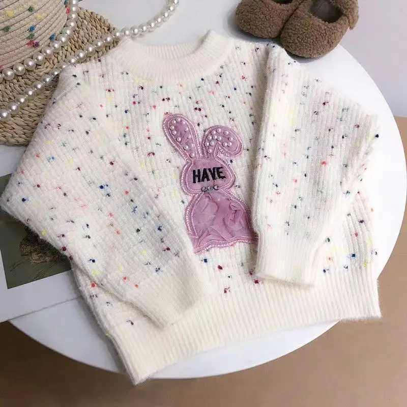 2024 Girls Latest Pink Rabbit Childrens Fashion Cute Sweater Bead Rabbit Girl Sweater Girl Knitwear W241205