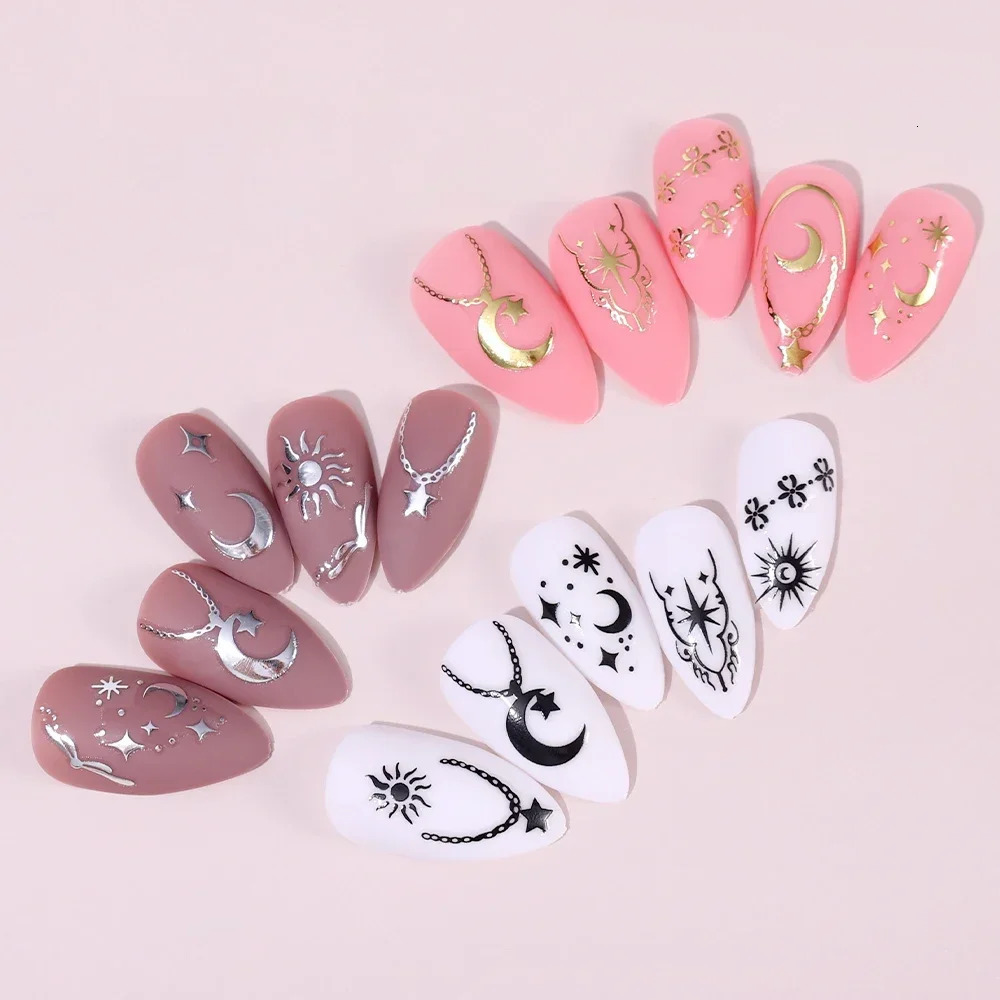 Heallor Silver Gold Nail Stickers Heart shaped Sun Moon Star Lock Angel Wing Stickers Nail Charm 3D Adhesive Sliders Spring Decorative Accessories 241