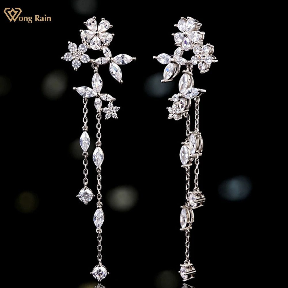 Wong Rain Romantic 925 Pure Silver Flower Laboratory White Sapphire Gemstone Tassel Pendant Earrings Jewelry Anniversary Gift 241205