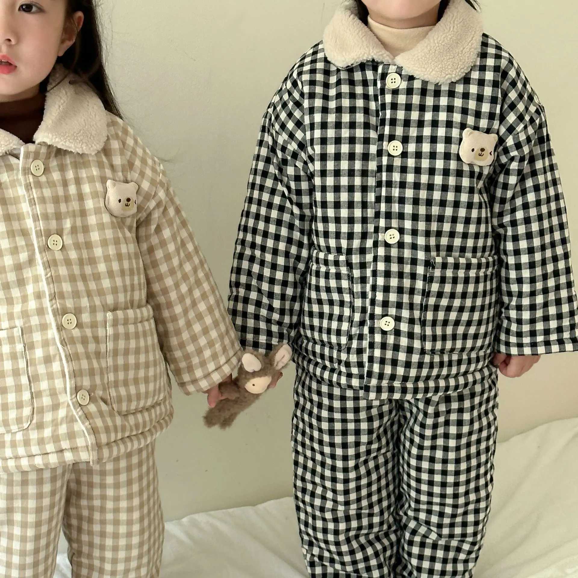Pajamas Winter Childrens Boys Sleepwear Thick Warm Plush Three Layer Cotton Padded Plaid Baby Boys Pajamas Kids Boys Homewears Set H241205