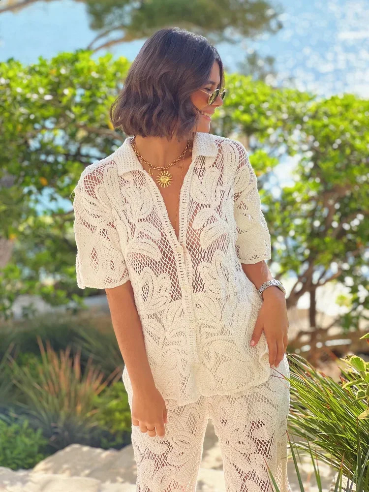 Casual Crochet Hollowed Out Shirt Pants Suit Fashion Single Breasted Lapel Top Wide Leg Sets 2024 Lady Outfits 241205
