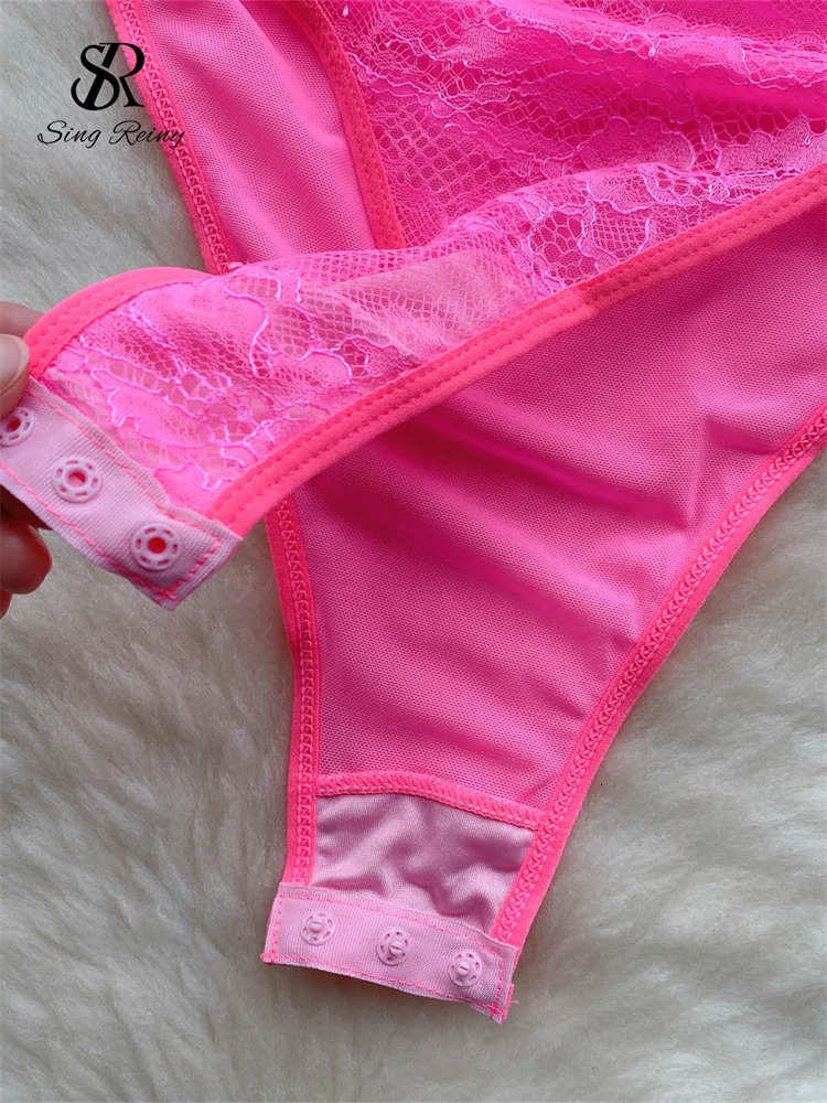 SINGREINY Women Lace Lingerie Erotic Rompers Fashion Sheer Skinny Short Playsuits Porno Solid Open crotch Underwear Sexy Rompers 241205