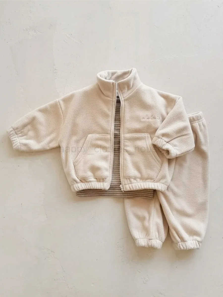 MiniAinis Autumn Winter Baby Zip Jacket Coat + Thickening Pants 2 Pieces Suit Girls Double Sided Velvet Thickening Clothing SetXJ241205