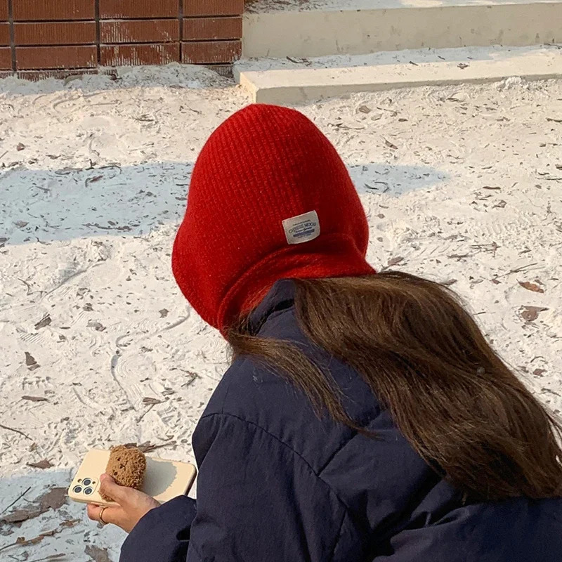 South Korean Balaclava Hat Winter Solid Label Hat Scarf Set Warm Thick Knitted Earrings Beanie Girls Year Accessories Gift 241205