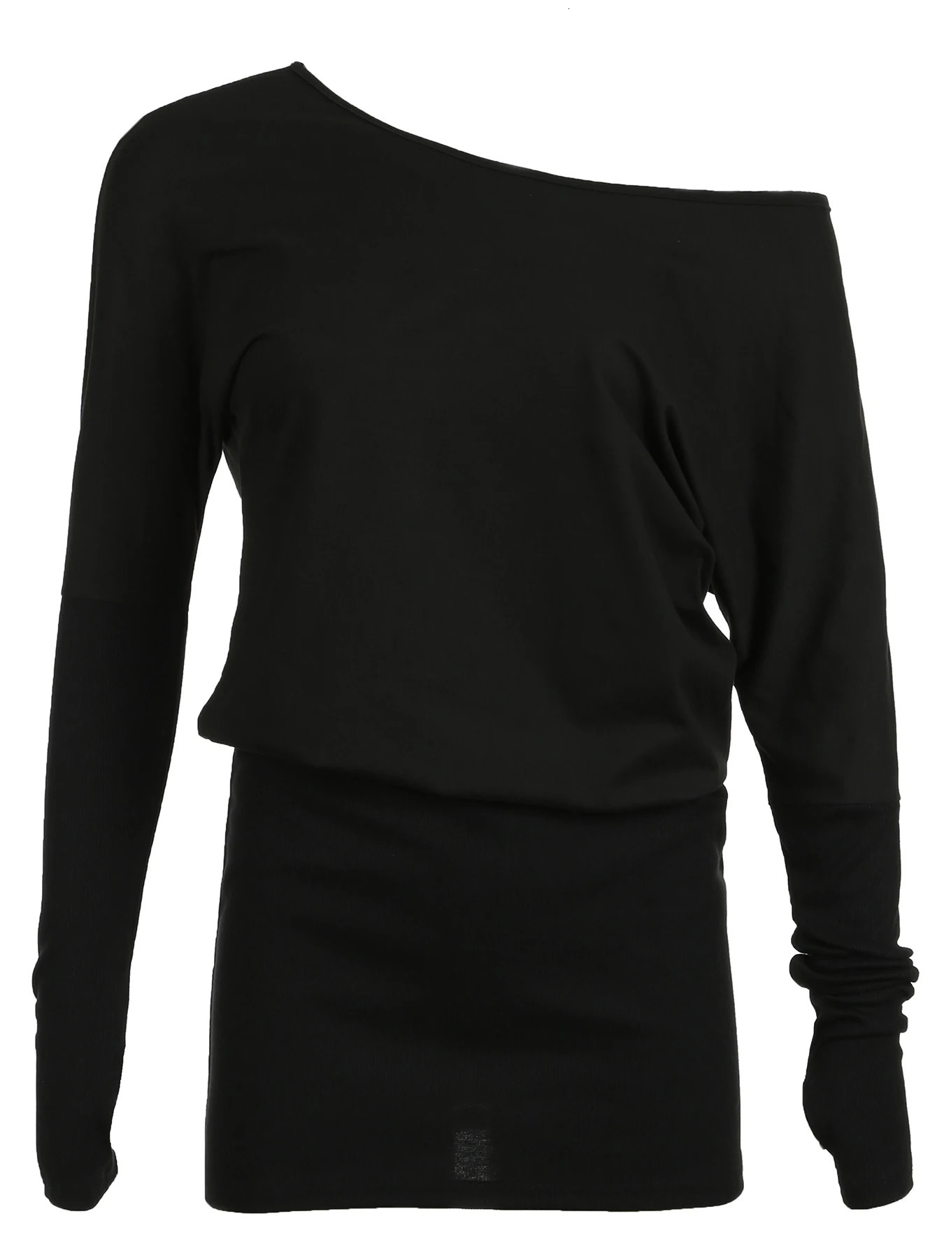 Sweetown Off Shoulder Long Sleeve Elegant Fashion Loose Blouses Dresses Women Black Solid Simple Slim Short Asymmetrical Dress 241204