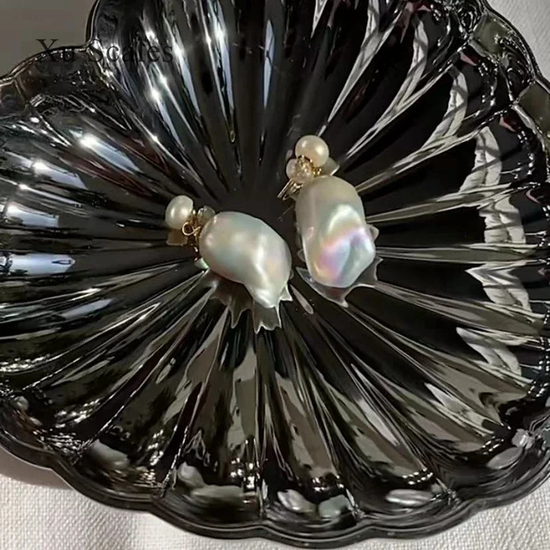 Baroque 15-25mm Natural Freshwater Shape Pearl Vintage Irregular Double Bead Earrings Temperature High End Womens Jewelry Gift 241205