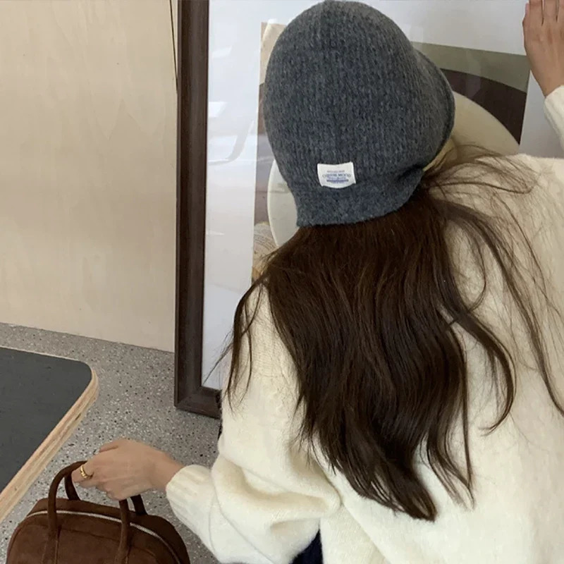 South Korean Balaclava Hat Winter Solid Label Hat Scarf Set Warm Thick Knitted Earrings Beanie Girls Year Accessories Gift 241205