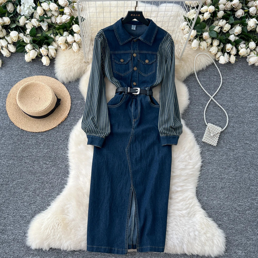 Women Long-sleeved Denim Dress Design Sense Niche Long-Sleeved Striped Splicing Lapel Metal Buckle Waist Slim Split Jeans Dress 241204