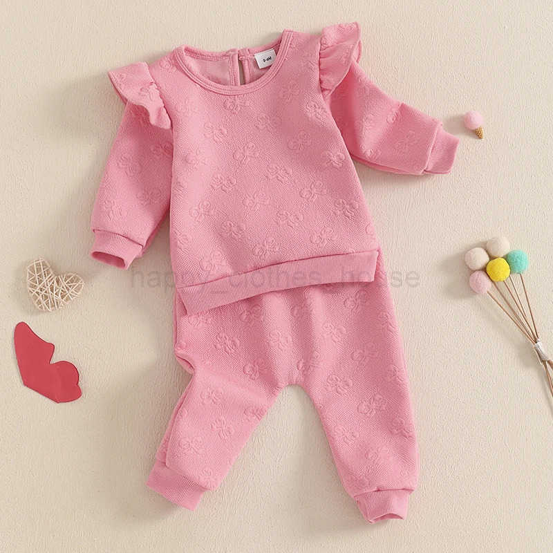 Pudcoco Toddler Baby Girl Fall Outfits Bow Jacquard Long Sleeve Crew Neck Tops with Elastic Waist Long Pants 2 Pcs Set 0-3TXJ241205