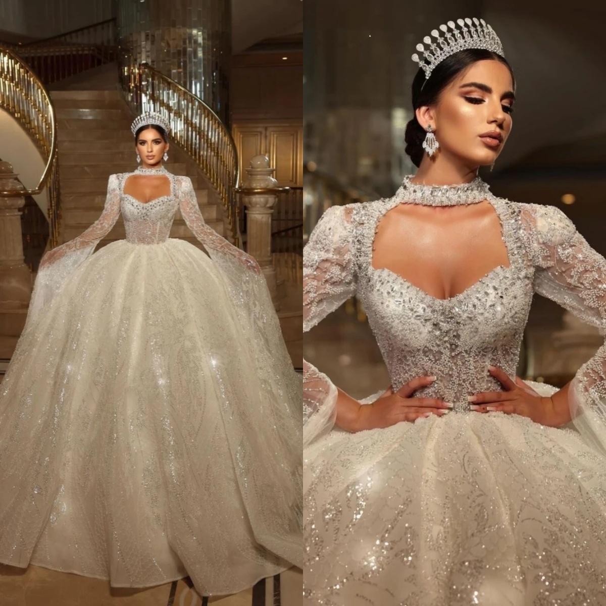 Shiny Pearls Beads Wedding Dress Sequined Rhies Bridal Gown Modest Long Sleeves Ball Gowns Customized Dresses vestidos de novia