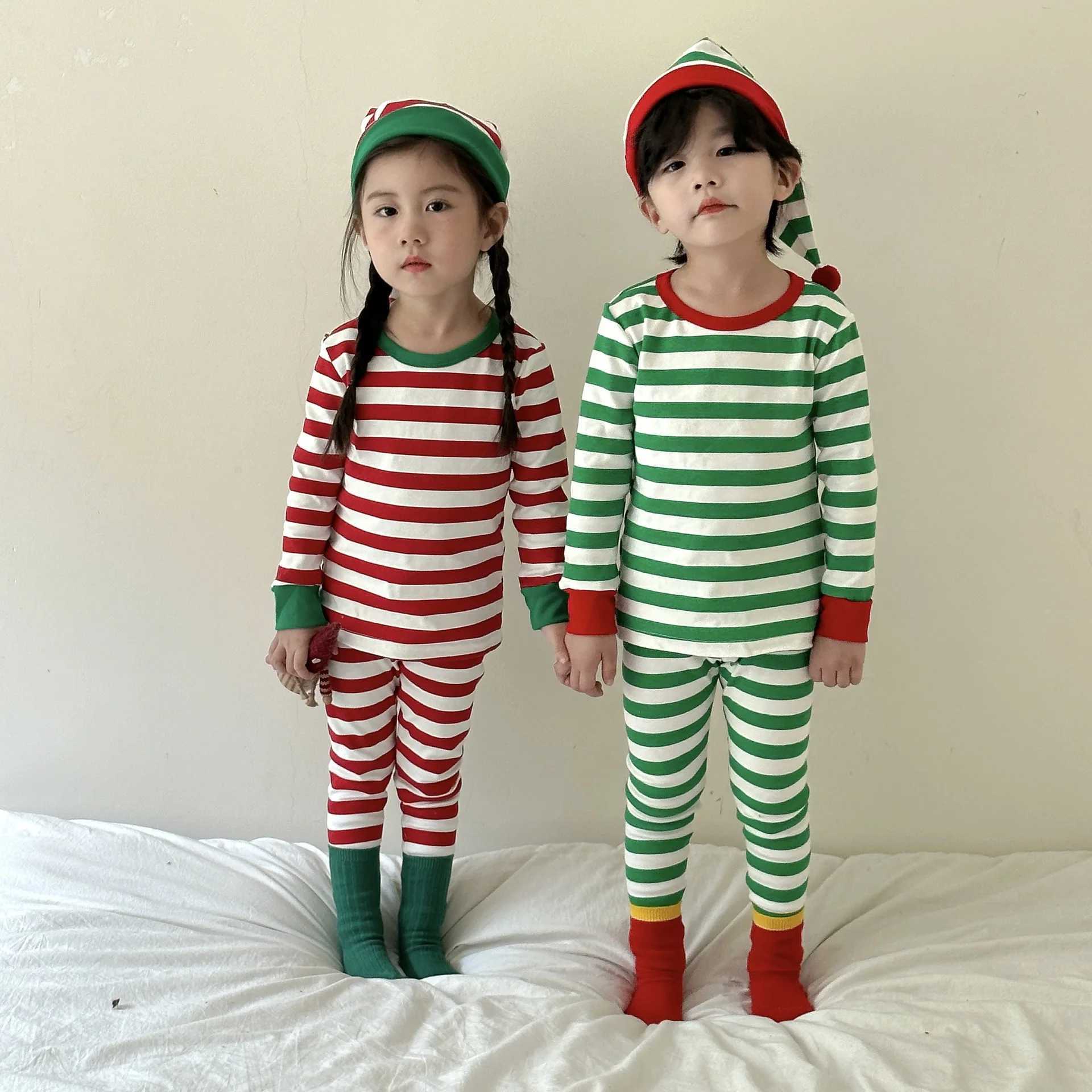 Pajamas Autumn Winter Kids Girls Christmas Thermal Underwear Baby 2PCS Pajamas Set Cotton Striped Children Girls Homewears With Hat H241205
