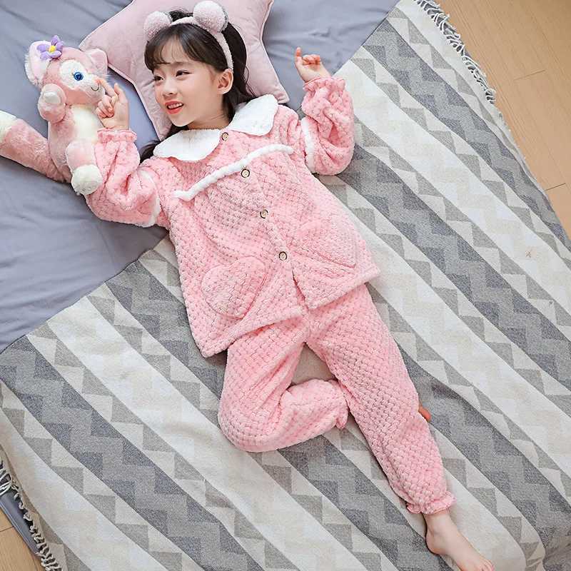Pajamas 2Pcs/set childrens winter padded and thickened warm pajamas solid color cardigan girls homewear facecloth long-sleeved long pan H241205