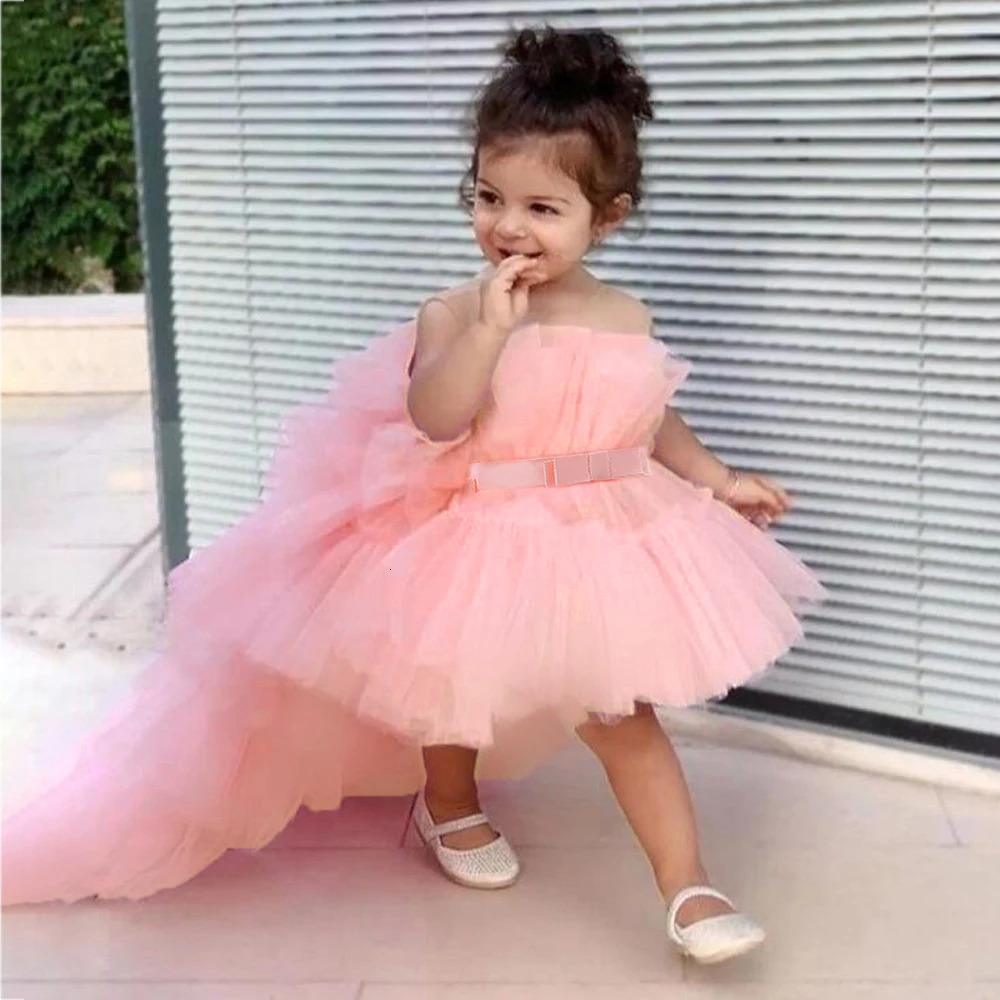 Summer Pink Trailing Lace Baby Girl Dress Toddler 1st Birthday Party Princess Dresses for Girl Formal Puffy Wedding Gown Vestido 241204