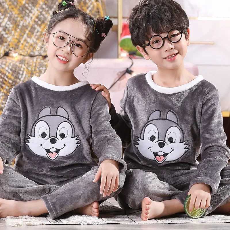 Pajamas Children Pajama Velvet Thickened Warm Cartoon Casual Loungewear Kids Boy Girl Flannel Set Long Sleeve Coral Fleece Winter Clothe H241205