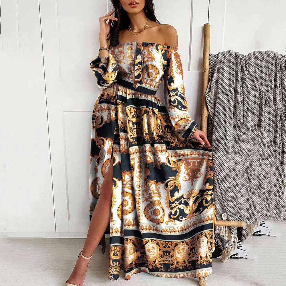 European and American Dress Printed V-neck Retro Long Sleeve Large Swing Open Skirt 2024 New Casual Versatile Fashion Clothing