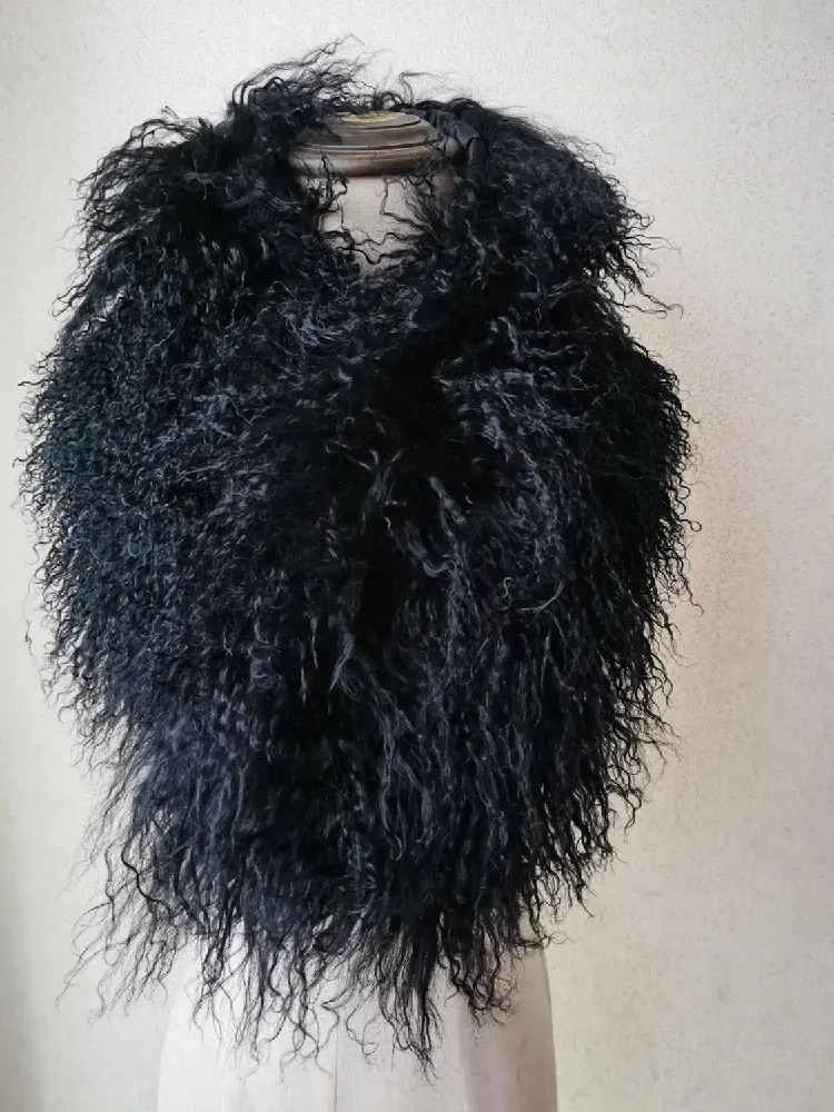 Real Mongolian Sheepskin Scarf Womens Winter Warm Collar Natural Curly Black 241205