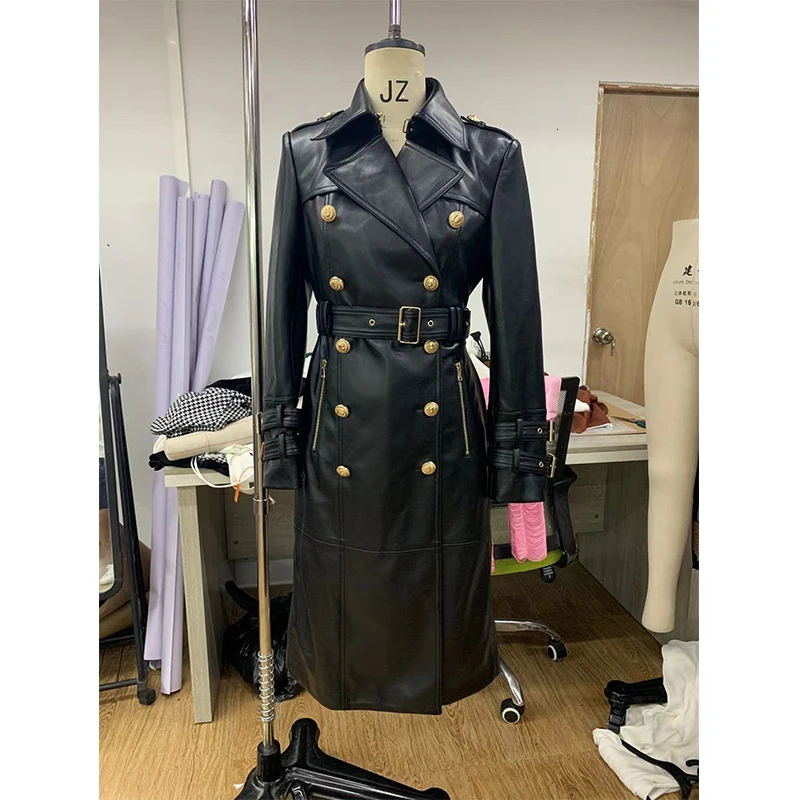New Winter Design Double Breasted Black PU Leather Long Coats For Ladies Quality Street Women Trench With Belt