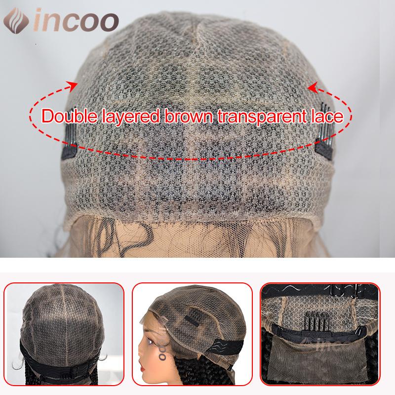 36 Inch Synthetic Larger Box Braided Afro Knotless 360 Full Lace Frontal Braid Wigs Black Women Prepluck Baby Hair Incoo