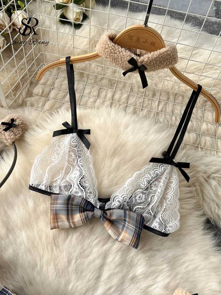 SINGREINY Summer 2023 Sexy Bra Brief Two Pieces Sets Lace Bow Strap Camis Pleated Short Skirt Bra Suits Women Thin UnderwearXJ241205