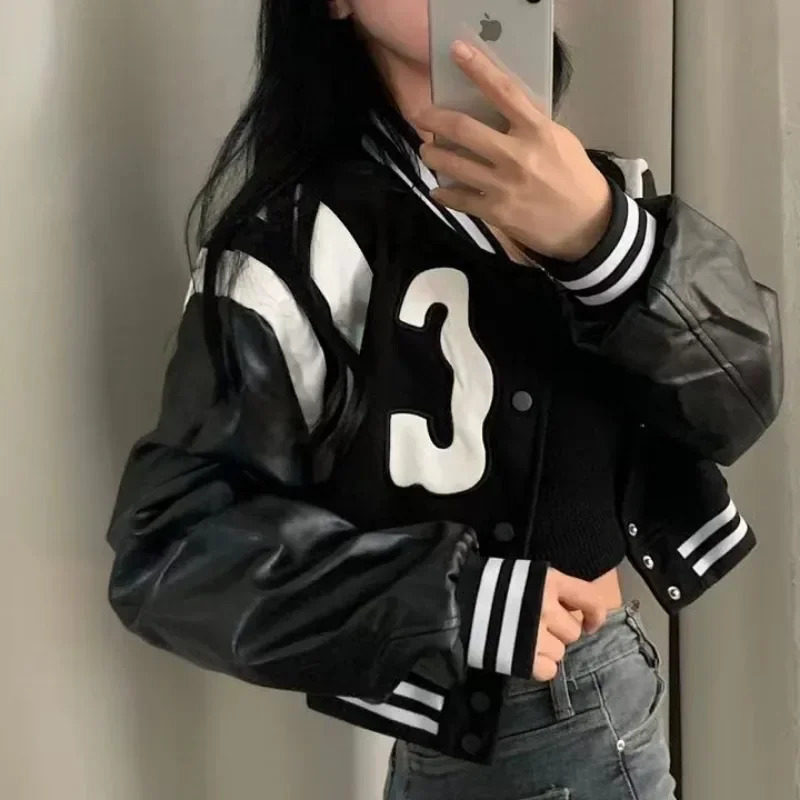 Winter Cropped Bomber Jacket Women Vintage Korean Fashion Oversized Gothic Baseball Short Jackets Kpop Chic Streetwear Coat 241205
