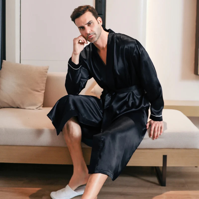 Pajama mens spring and autumn silk thin style oversized pajamas long sleeved bathrobes ice silk bathrobes home clothing summer 241204