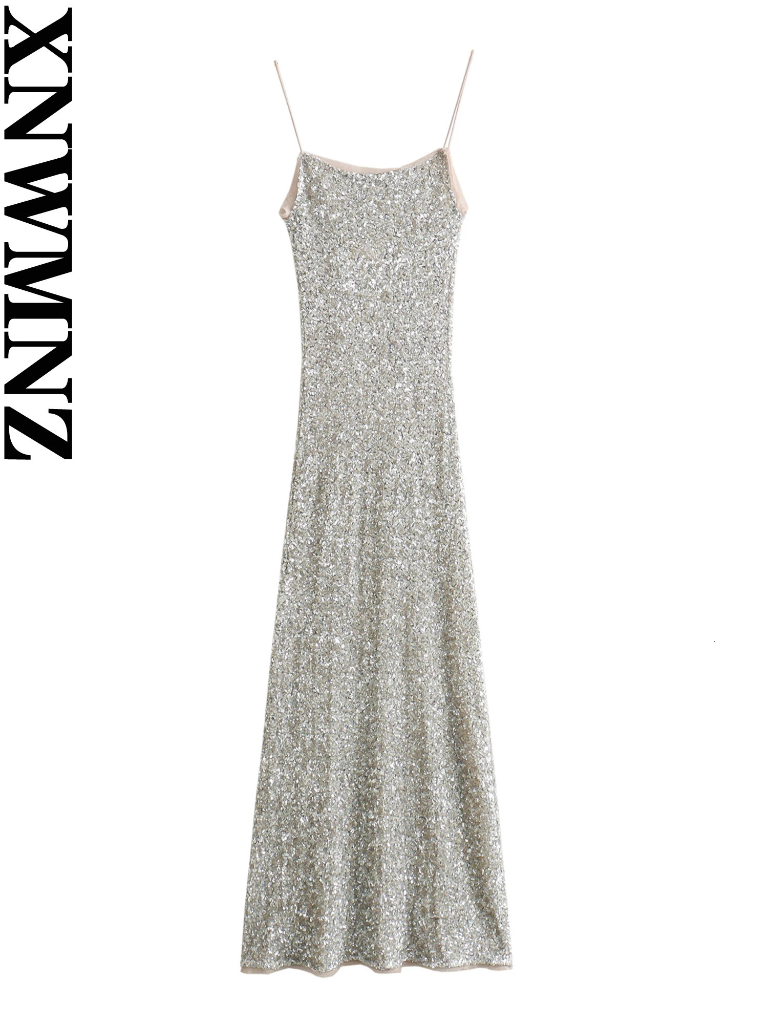 XNWMNZ Womens Fashion Sequin Slip Dress Women Party Style Thin Straps Open Back Slim Lining Female Midi Dresses 241205
