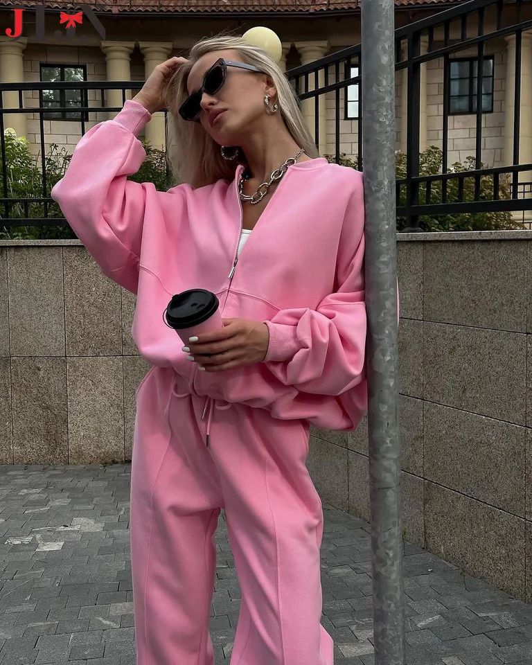 Camping outfit Loose Pink Trousers Sets For Women 2 Pieces Casual Long Sleeve Shirt With High Waist Wide Pants Set Streetwear 241205