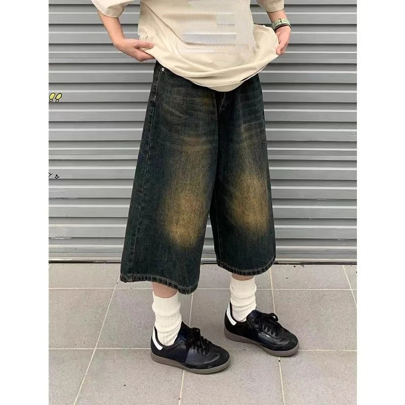 2024 Vintage Wash Whiskers Denim Shorts Women Low Rise Distressed Frayed Wide Leg Baggy Jeans Jorts Casual Summer Clothes 241204
