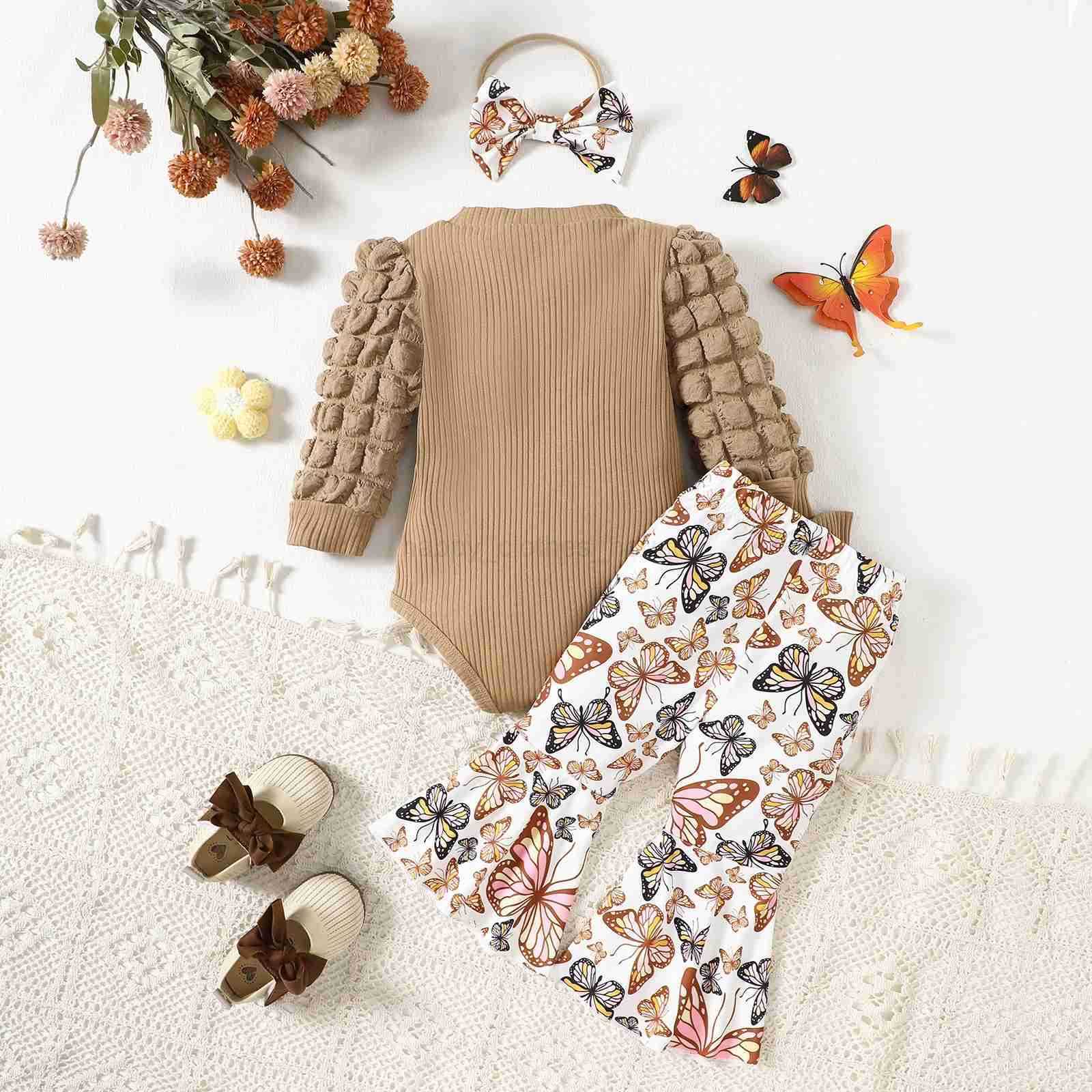 Baby Girls Fall Clothes Sets Long Bubble Sleeve Ribbed Romper+Butterfly Print Bow Flare Pants+Hair Band Infants 3Pieces OutfitsXJ241205